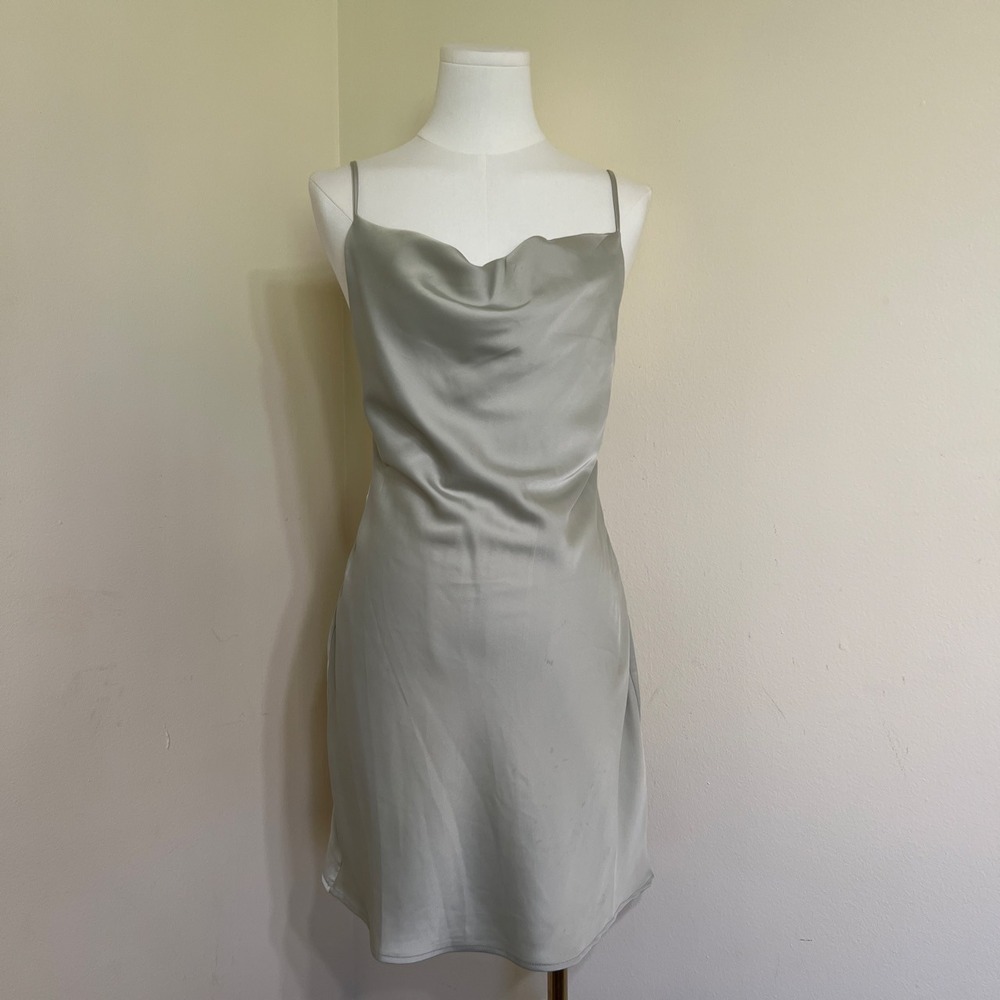 Urban Outfitters Sage Green Satin Cowl Neck Mini Slip Dress Small OB912132